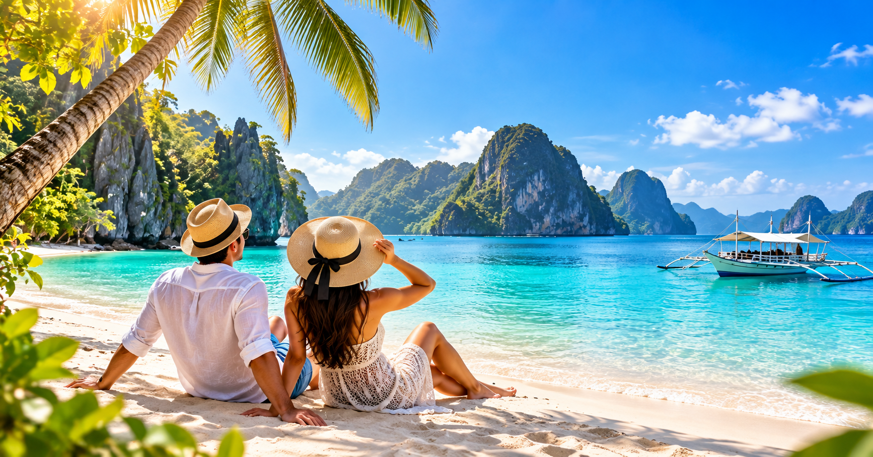 Couple enjoying a tropical beach overlooking turquoise water and island cliffs